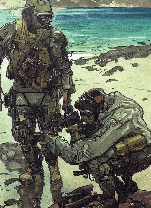 Image similar to Hector. USN blackops operator emerging from water at the shoreline. Agent wearing Futuristic stealth suit and looking at an abandoned shipyard. rb6s, MGS, and splinter cell Concept art by James Gurney, Alphonso Mucha. Vivid color scheme.