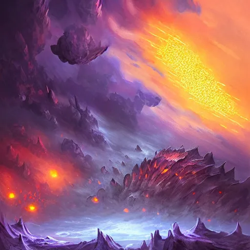 Prompt: rain of burning asteroids, hearthstone art style, epic fantasy style art, fantasy epic digital art, epic fantasy card game art