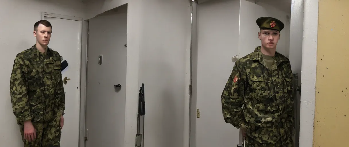 Image similar to a high quality color extreme creepy atmospheric wide dutch angle hd 4 k film 3 5 mm photograph of a young inexperienced caucasian military man standing in a doorway of a military breakroom in with a clipboard he looks young and experienced in 1 9 8 2