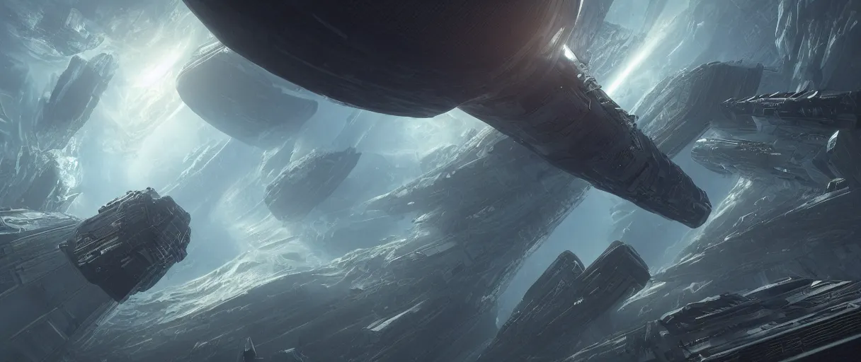 Image similar to concept art, a single and huge generation ship, a spaceship traveling to new worlds, deep space exploration, the expanse tv series, industrial design, dynamic angle, high energy and motion, spatial phenomena, cinematic lighting, 4k, greebles, widescreen, wide angle, beksinski, sharp and blocky shapes