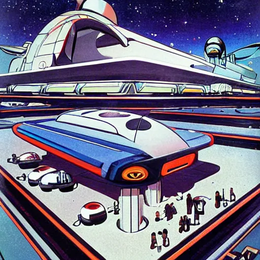 Image similar to mall on the moon, car parked, retrofuturism, futuristic style