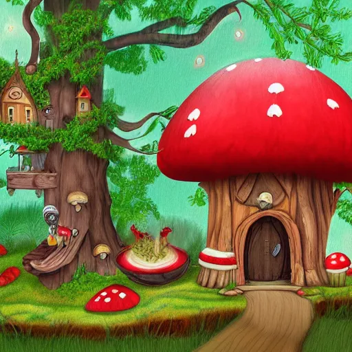 Image similar to a gnome treehouse surrounded by trees and red mushrooms with a deer digital art