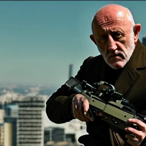 Image similar to film still of mike ehrmantraut aiming with a sniper rifle on a rooftop, 4 k, highly detailed