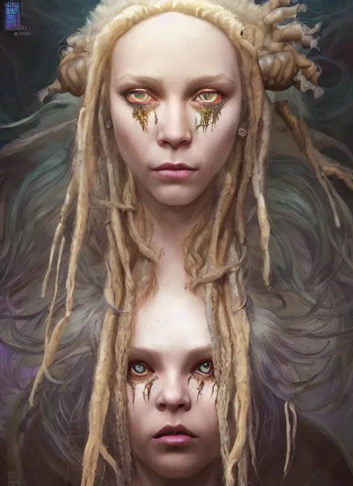 Prompt: fantasy changeling girl with blonde dreadlocks revealing her true nature, evile eyes, dim light, front game card, marvel comics, dark, intricate, highly detailed, smooth, artstation, digital illustration by ruan jia and mandy jurgens and artgerm and wayne barlowe and greg rutkowski and zdislav beksinski