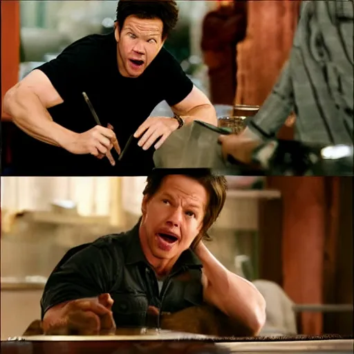 Prompt: scene from a movie that looks like a drama but it's a laugh hard comedy, mark wahlberg being a chaotic mess, shot by darren aronofsky, 4 k