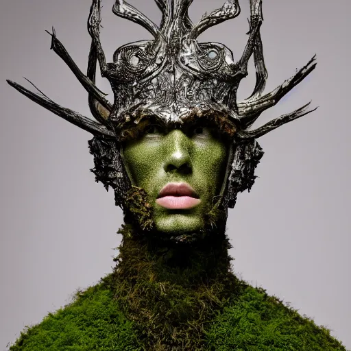 Prompt: a portrait of a beautiful young male wearing an alexander mcqueen armor made of moss , photographed by andrew thomas huang, artistic