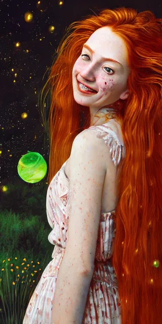 Image similar to infp young woman, smiling amazed, golden fireflies lights, full covering intricate detailed dress, amidst nature, long red hair, precise linework, accurate green eyes, small nose with freckles, oval shape face, realistic, expressive emotions, dramatic lights, hyper realistic ultrafine art by artemisia gentileschi, caravaggio, jessica rossier, boris vallejo