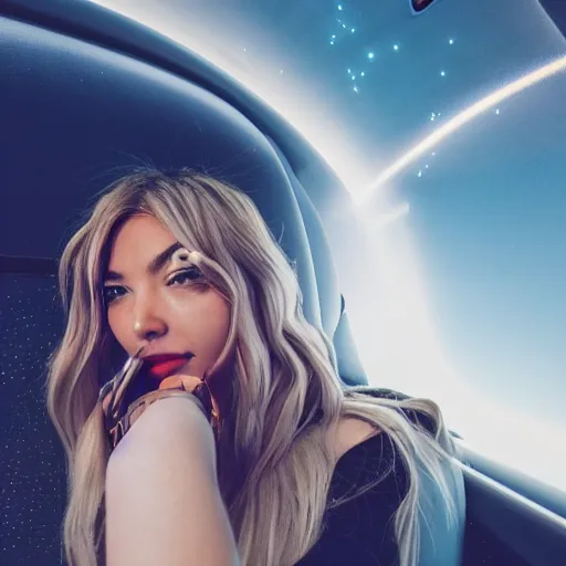Prompt: The influencer EnjoyPhoenix burning 6 planets while taking a plane to Coachella. Hyperrealistic sharp photo, sigma 1/6. 50 mm