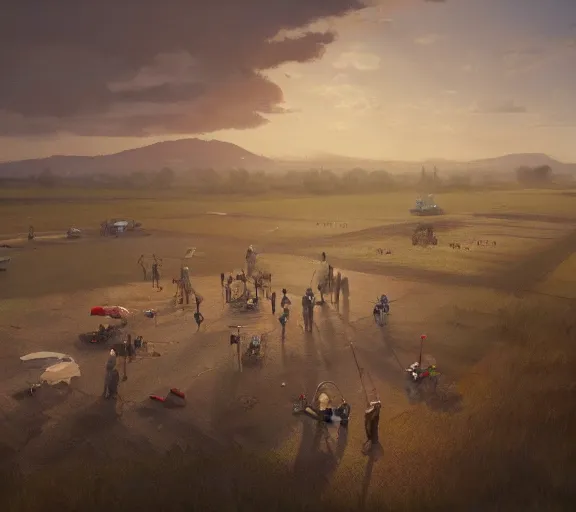 Prompt: photo from a drone, people near the plane at the airfield, painting by craig mullins, octane rendering, soft morning lighting, wide angle lens, in the style of hayao miyazaki, trending on artstation,