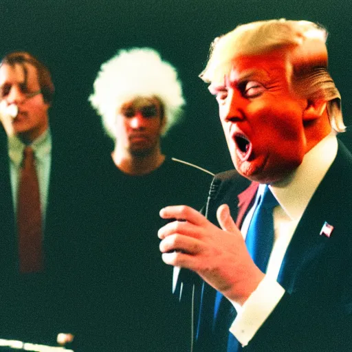 Prompt: photo of Donald Trump in the band Ghost, cinestill, 800t, 35mm, full-HD