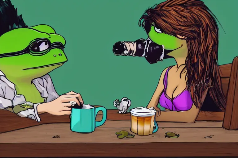 Image similar to studio photo!!! of a punk girl on a date with pepe! the frog! drinking coffee, highly detailed, 8 k, natural lighting