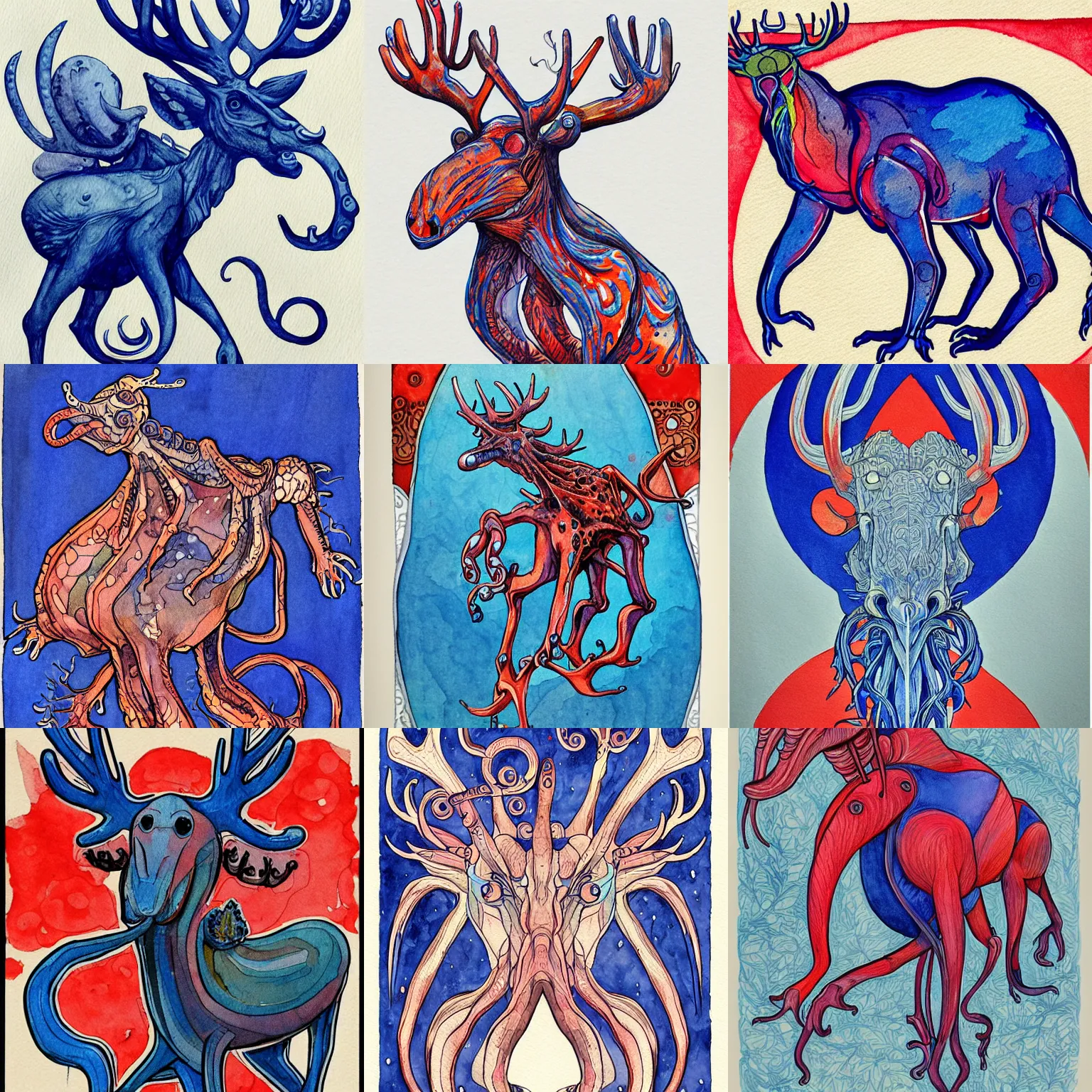 Prompt: octopod turkey - moose creature with four arms and long neck, arms growing from chest, pinchers | romanticist, art nouveau illustration, figurative art, loose linework, watercolor wash over inks, cadmium red, cobalt blue, payne's grey, luminism
