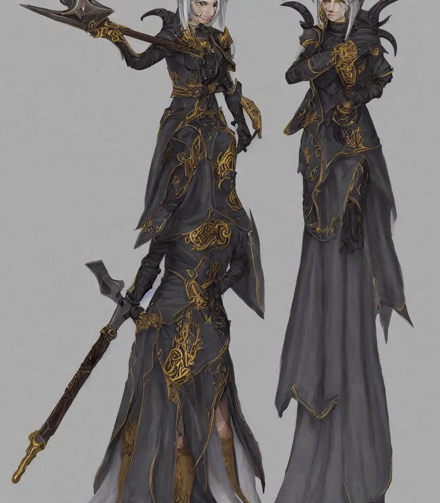 Image similar to female character concept, tiefling cleric gunslinger holding pistol, final fantasy concept, full body, grey skin, fine detailed, demon tail, blue cleric priestess robe with golden embroidery, nun veil, final fantasy character art, game character design, dark fantasy