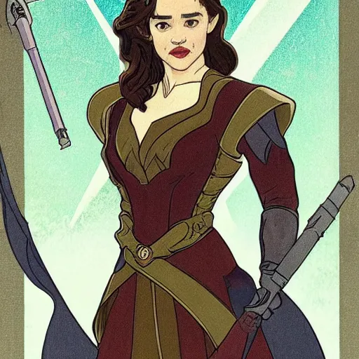 Prompt: emilia clarke as qi'ra, mucha style,