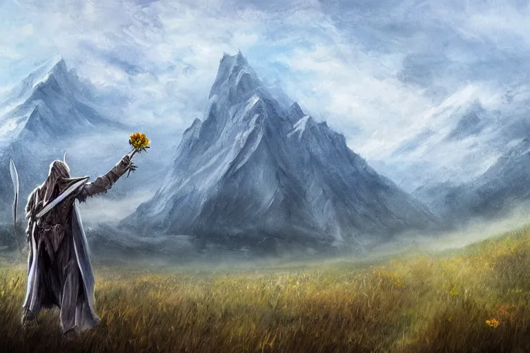 Prompt: concept art, mood painting, environment painting, gondor man holding white flower looking at flower large field autumn october snow capped mountains in background lord of the rings lotr. style of, ryan church, jon mccoy, george hull, painting