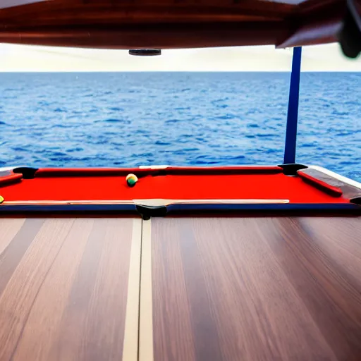 Image similar to a large billiards table in a small dingy floating on the ocean. extremely high detail. the sloop is on the ocean. the weather is bad and cloudy. professional lighting. 8 k