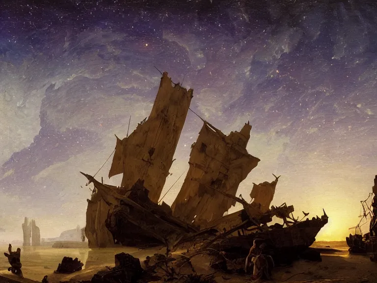 Image similar to an oil painting of an ancient shipwreck in the middle of an alien desert at dusk, aurora and stars light up the sky by carl spitzweg and tuomas korpi. baroque elements, full-length view. baroque element. intricate artwork by caravaggio. Trending on artstation. 8k