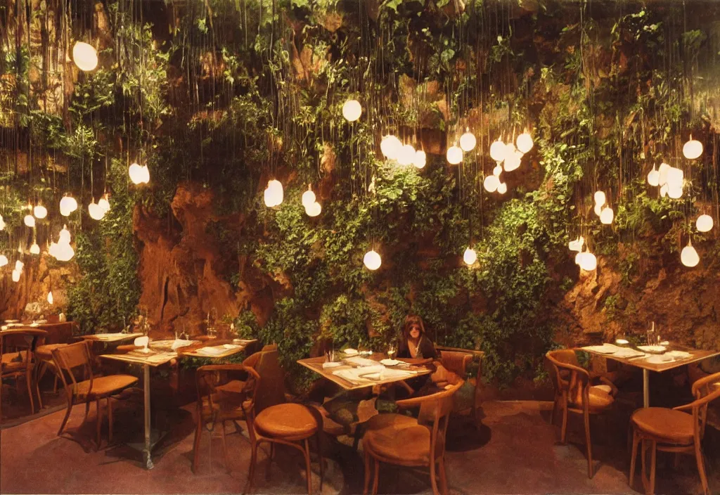 Prompt: 1970s interior design magazine photo of a restaurant built into a cave, with hanging plants and hanging lamps, and armchairs at tables, candlelit, grainy, the walls are made of rock