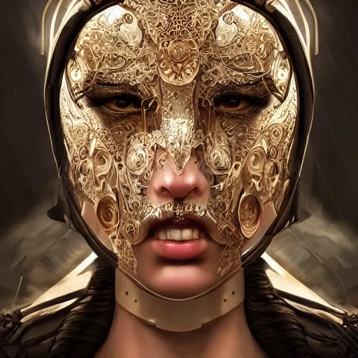 Image similar to Very very very very highly detailed epic photo of face with venetian mask, intricate, dystopian, sci-fi, extremely detailed, digital painting, artstation, concept art, smooth, sharp focus, illustration, intimidating lighting, incredible art by Artgerm and Anton Pieck