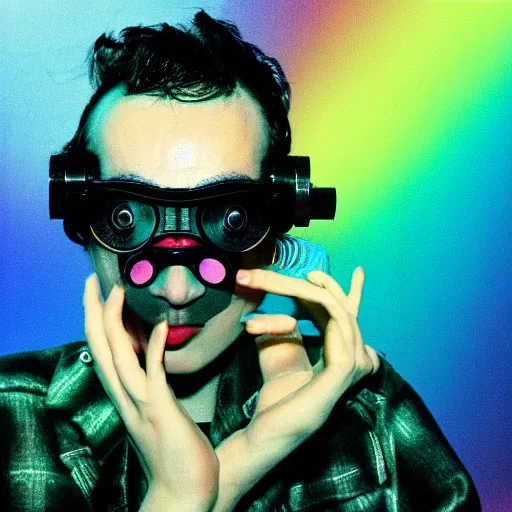 Image similar to kodak ektachrome e 1 0 0 photograph of a nerdy goth guy wearing goggles and eclectic jewelry, moody lighting, telephoto, 9 0 s vibe, blurred background, vaporwave colors, faded!,