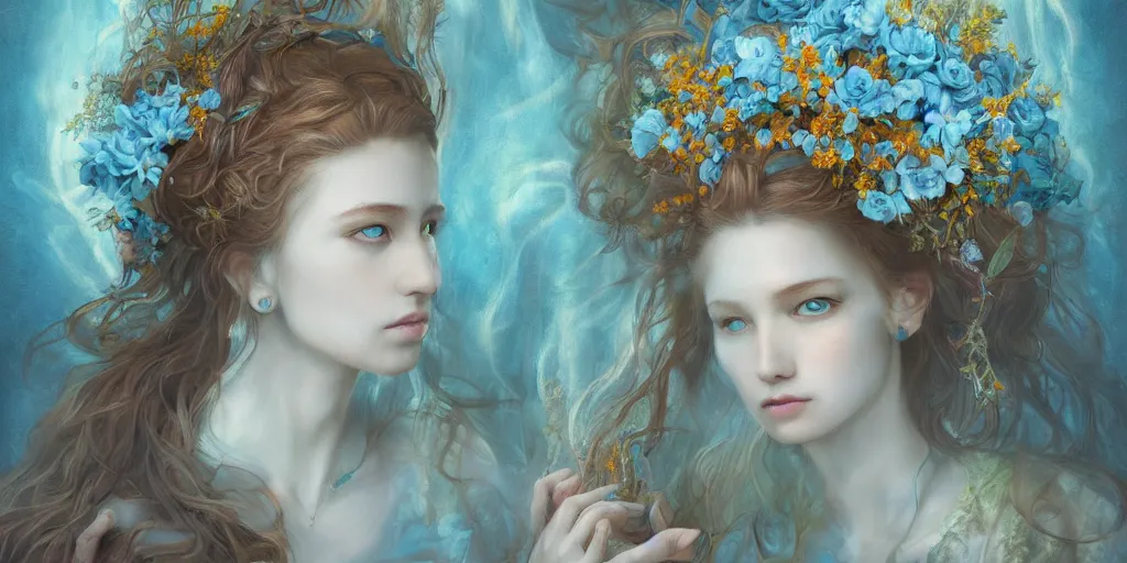 Prompt: breathtaking detailed concept art painting portrait of the hugs goddess of light blue flowers, carroty hair, orthodox saint, with anxious piercing eyes, ornate background, amalgamation of leaves and flowers, by hsiao - ron cheng, extremely moody lighting, 8 k