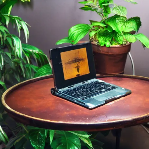 Prompt: 1950s portable laptop, steam punk style, on top of a glass table, next to a plant