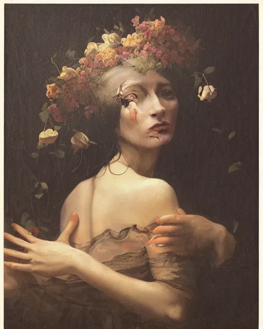 Prompt: a beautiful and eerie baroque painting of a beautiful but serious woman in layers of fear, with haunted eyes and dark hair piled on her head, 1 9 7 0 s, seventies, floral wallpaper, wilted flowers, morning light showing injuries, a little blood, delicate ex embellishments, painterly, offset printing technique