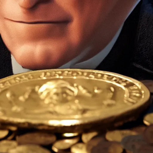 Image similar to a closeup photorealistic photograph of a happy George Washington inspecting small gold Doubloon coins at his home on Cherry Street. This 4K HD image is Trending on Artstation, featured on Behance, well-rendered, extra crisp, features intricate detail and the style of Unreal Engine.