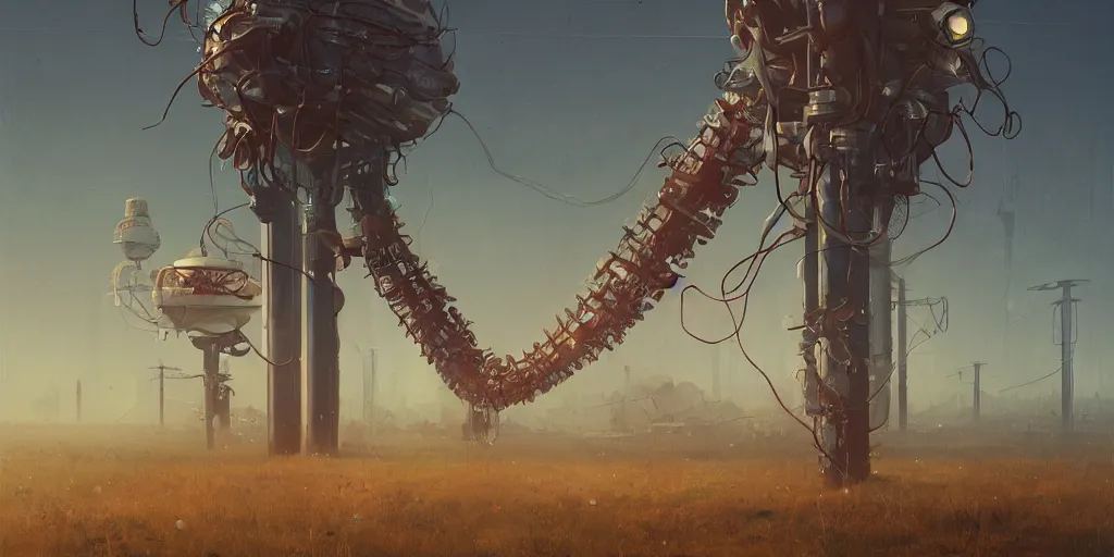 Image similar to a weird view with a giant weird creaturesimon stalenhag, highly detailed, digital art, realistic, trending on artstation, 4 k