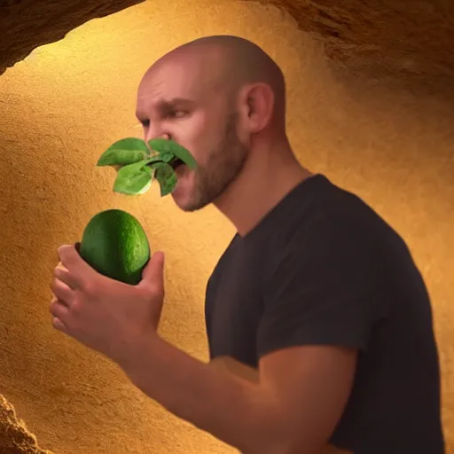 Image similar to man in a cave eating an avocado, landscape ultrarealistic, photorealism, golden ratio, art canvas, award winning, masterpiece, trending on artstation 8 k 1 5 0 mpx