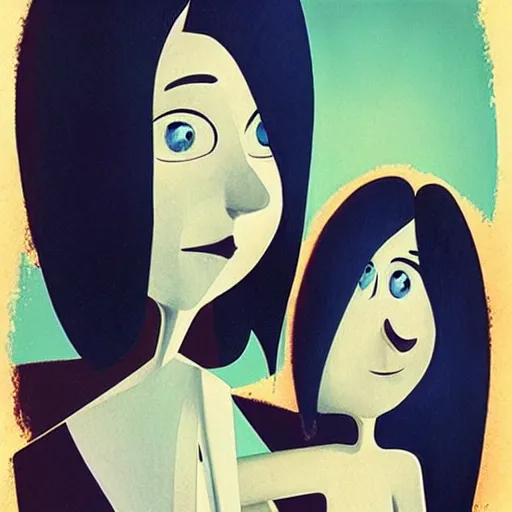 Image similar to “Coraline movie ‘other mother’ portraiture, art deco, 1950’s, solid shapes”