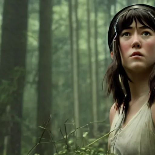 Image similar to mary elizabeth winstead as live action princess mononoke, still frame, sharp focus, cinematic, filmic