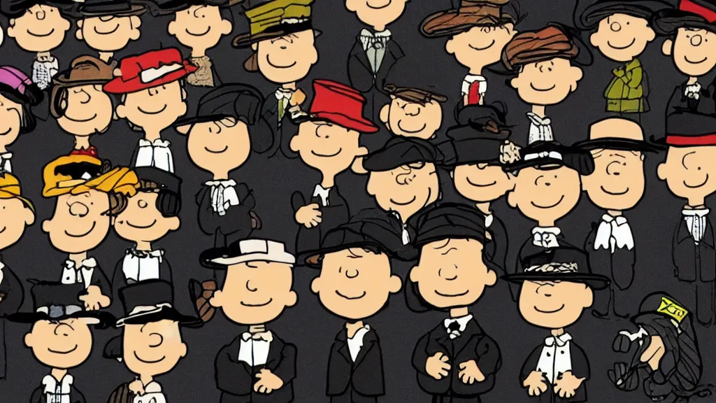 Prompt: peanuts heads dressed like the peaky blinders