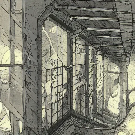 Prompt: a rotten fungus mushroom clump in a bright white hallway with many doors and stairs, Mc Escher architecture, epic composition, decay, by Makoto Shinkai