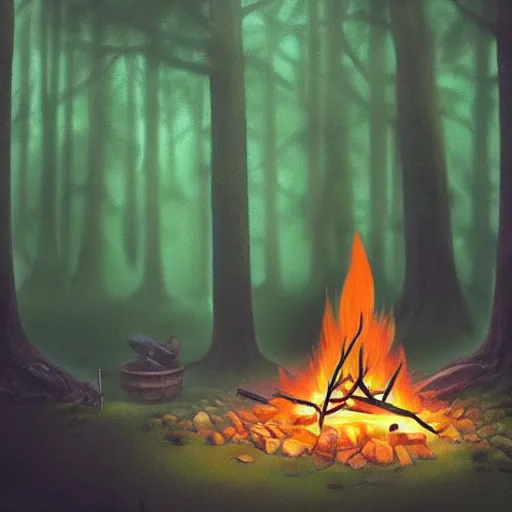 Image similar to a campfire in a forest, there is a black cauldron filled with a magical green glowing liquid hanging above the campfire, night, fantasy, digital art, mysterious, realistic