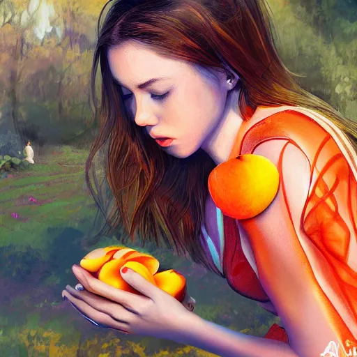 Prompt: Amazing ultradetailed digital painting of girl in the village eating peaches trending artstation