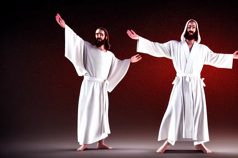 Image similar to jesus christ wearing a white robe strikes a dance pose in the apocalypse, intricate, hyper detailed, accent lighting, dramatic light, 4 k octane render