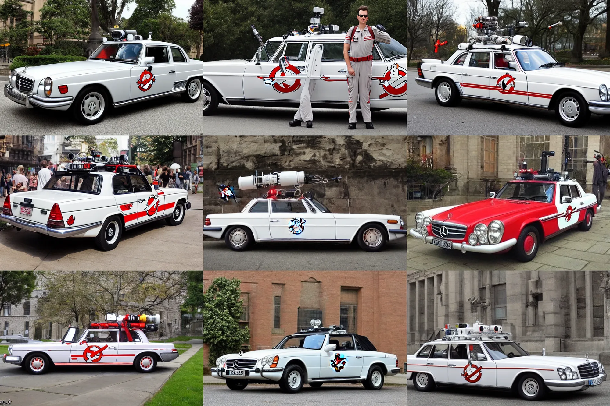 Prompt: Ghostbusters Ecto 1 as a Mercedes SLK