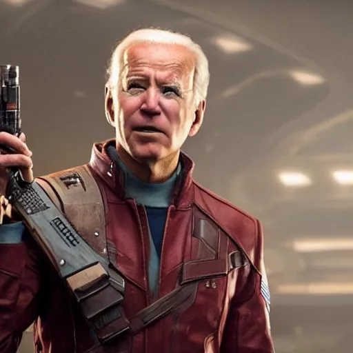 Image similar to film still of Joe Biden as Star Lord in Guardians of the galaxy