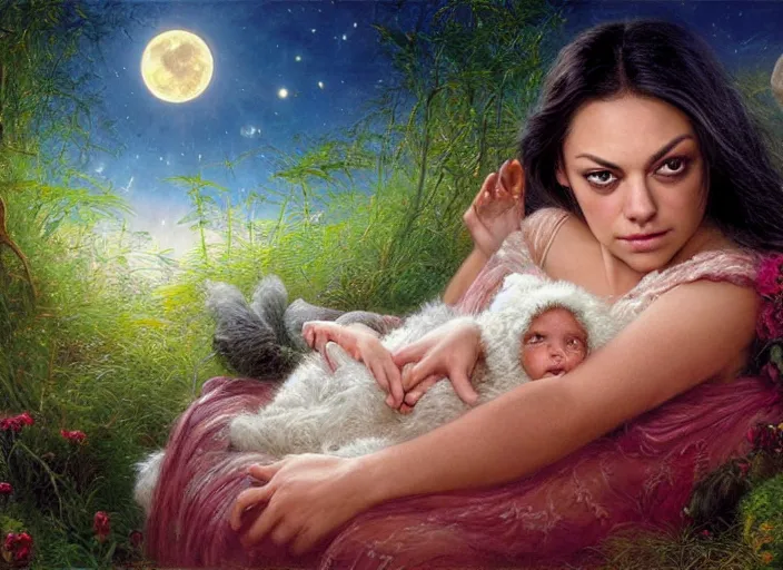 Image similar to Mila Kunis staring into the camera singing a lullaby, fireflies, full moon, Lilia Alvarado, Sophie Anderson, Mark Arian, Bob Byerley, Charlie Bowater, Mark Brooks, Steve Henderson, Justin Gerard, Arthur Hughes, Edward Robert Hughes, Mark Keathley, Victor Nizovtsev, Carlos Shwabe, Ross Tran, WLOP