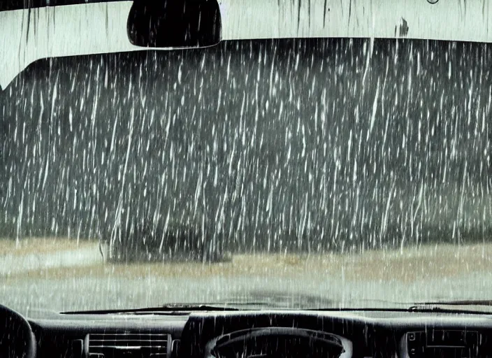 Prompt: A very high resolution image from a new movie, inside of a car, raining, hot, directed by wes anderson