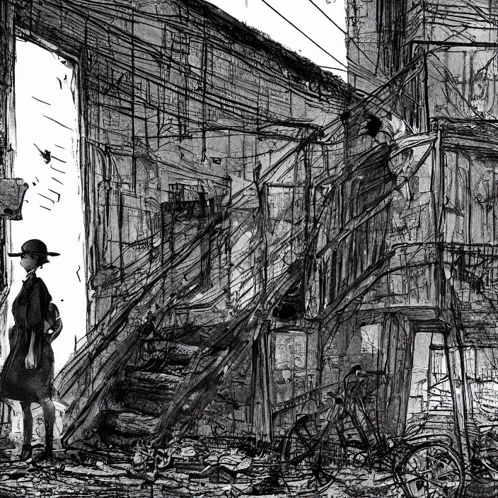 Image similar to sadie sink in dirty workmen clothes waves goodbye to workmen. near a gate. background : factory, dirty, polluted. technique : black and white pencil and ink. by gabriel hardman, joe alves, chris bonura. cinematic atmosphere, detailed and intricate, perfect anatomy