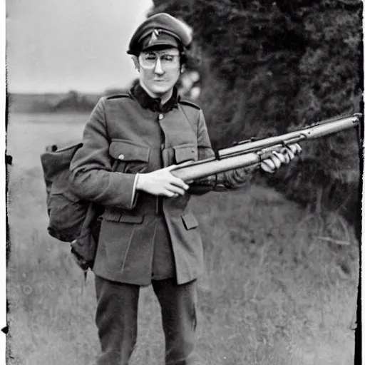 Image similar to old wartime photograph of john lennon holding a lewis gun, 1 9 1 7