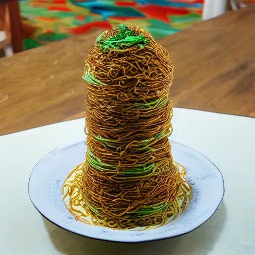 Image similar to indomie mi goreng noodles tower, marketplace, solarpunk, photo realistic, gourmet