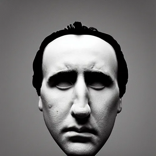 Image similar to Award-winning photograph by Chema Madoz. The photo depicts a decaying roman bust of Nicolas Cage at the bottom of the sea. Black and white, minimalism, high definition, perfect composition. Deep sea picture. Very dark. Volumetric lighting. Fisch.
