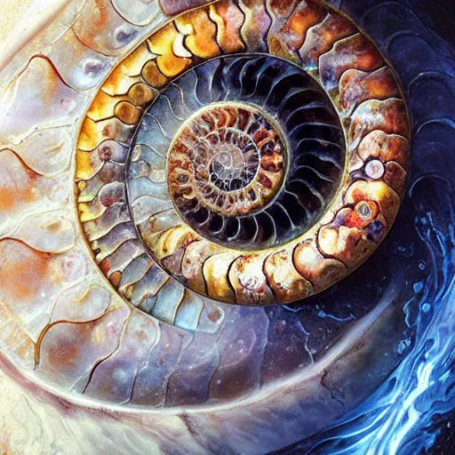 Image similar to a beautiful ammonite manipulating water by karol bak, ayami kojima, artgerm, river, water, blue eyes, smile, concept art, fantasy