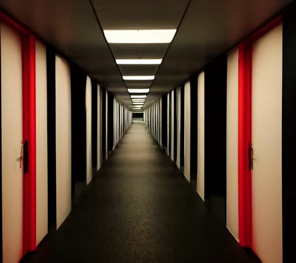 Image similar to spooky photo of a dark infinite hallway with open lit doorways all the way down, dramatic lighting, smoke, ceiling fluorescent lighting, black and red colour palette