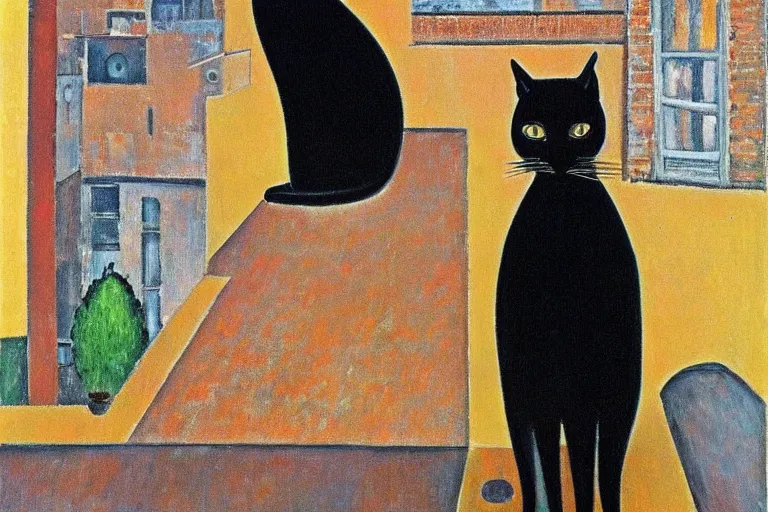 Prompt: black cat on the roof by modigliani by alex grey