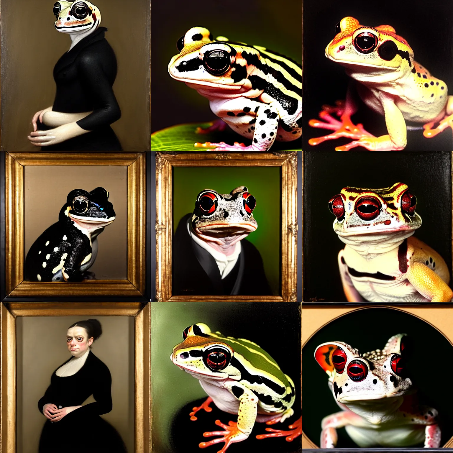 Prompt: a head - and - shoulders portrait of an amazon milk frog looking off camera and wearing a black frock coat, an american romanticism painting, a portrait painting, cgsociety, soft focus, oil on canvas