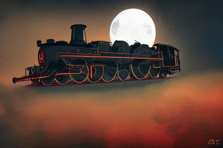 Prompt: a moonlit steam locomotive, digital art, trending on artstation, by conrad roset, octane render, night sky